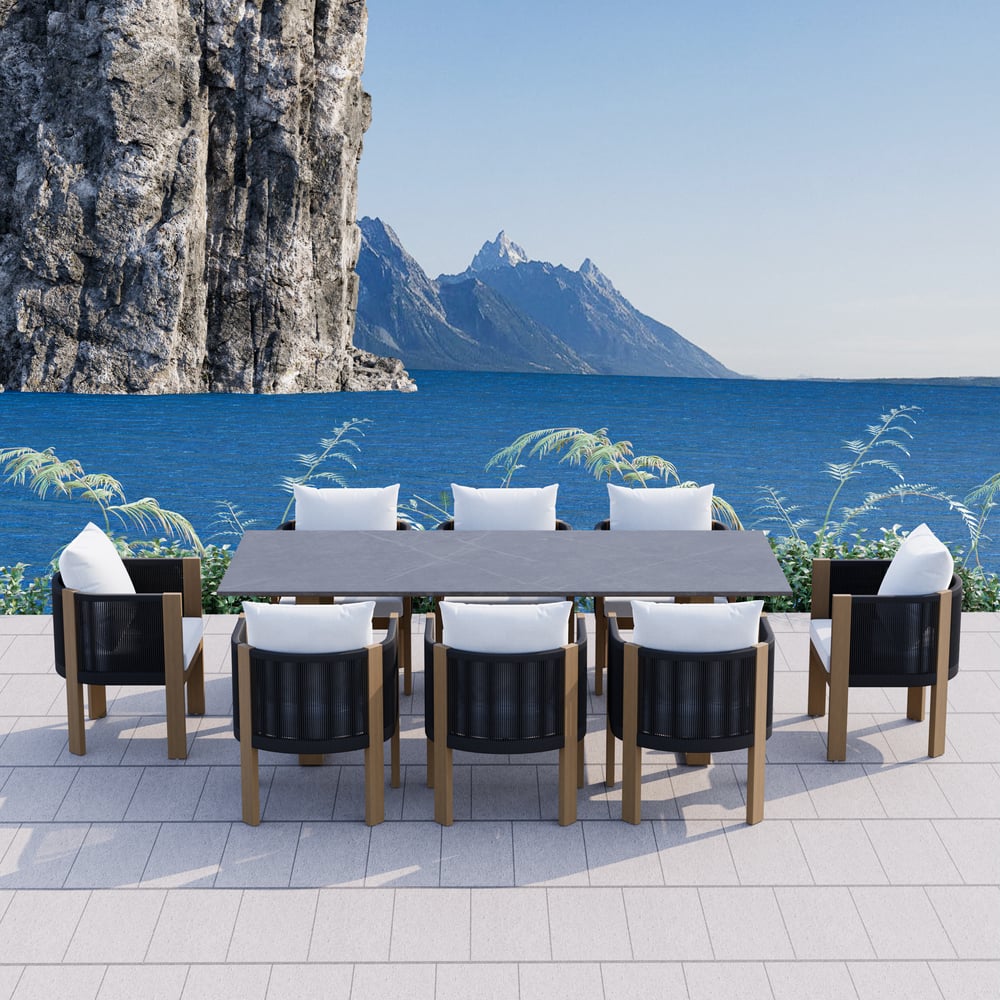 Customer Reviews for 9-Pieces Faux Marble Outdoor Dining Set with Woven Rope Chairs for 8 Person (2200mm)