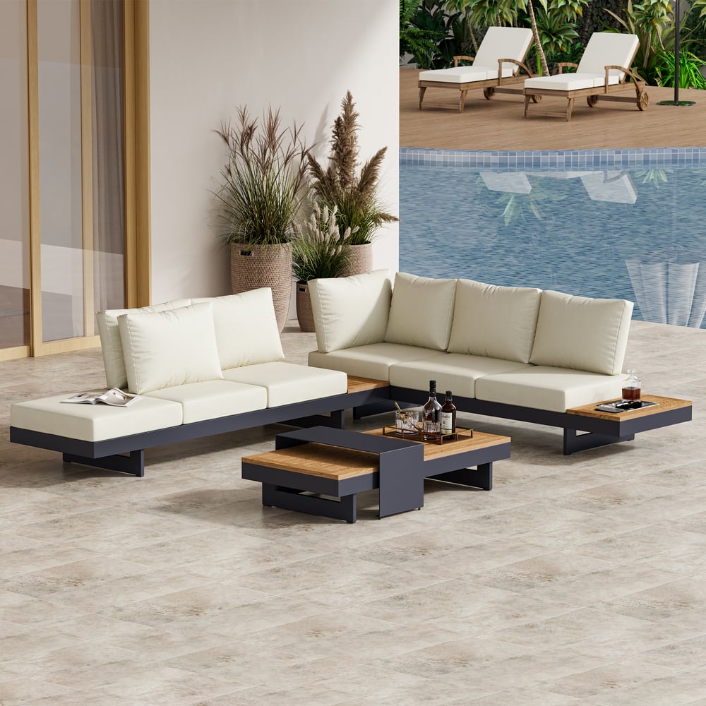 Otázky a odpovědi pro Zahradní set se 2 pohovkami a 2 konferenčními stolky z teakového dřeva a hliníku - béžová