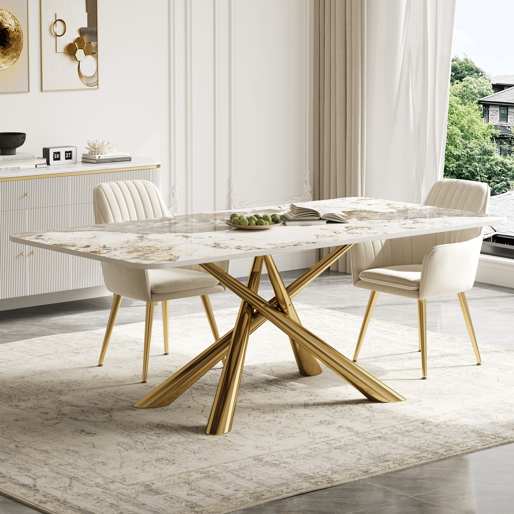 Vragen en antwoorden voor 63 „moderne rechthoekige eettafel van gesinterd stenen blad in pandora en goud met schraag