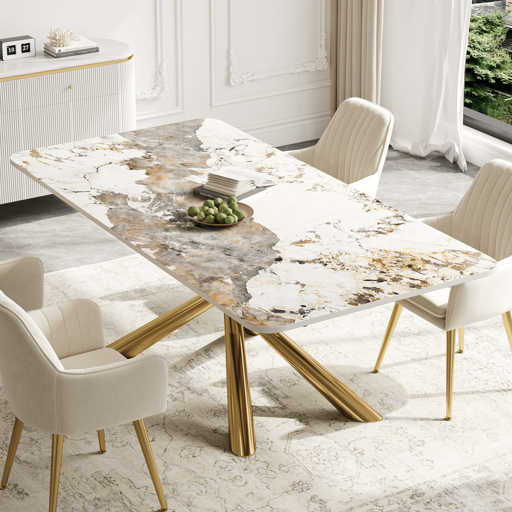 Vragen en antwoorden voor 63 „moderne rechthoekige eettafel van gesinterd stenen blad in pandora en goud met schraag