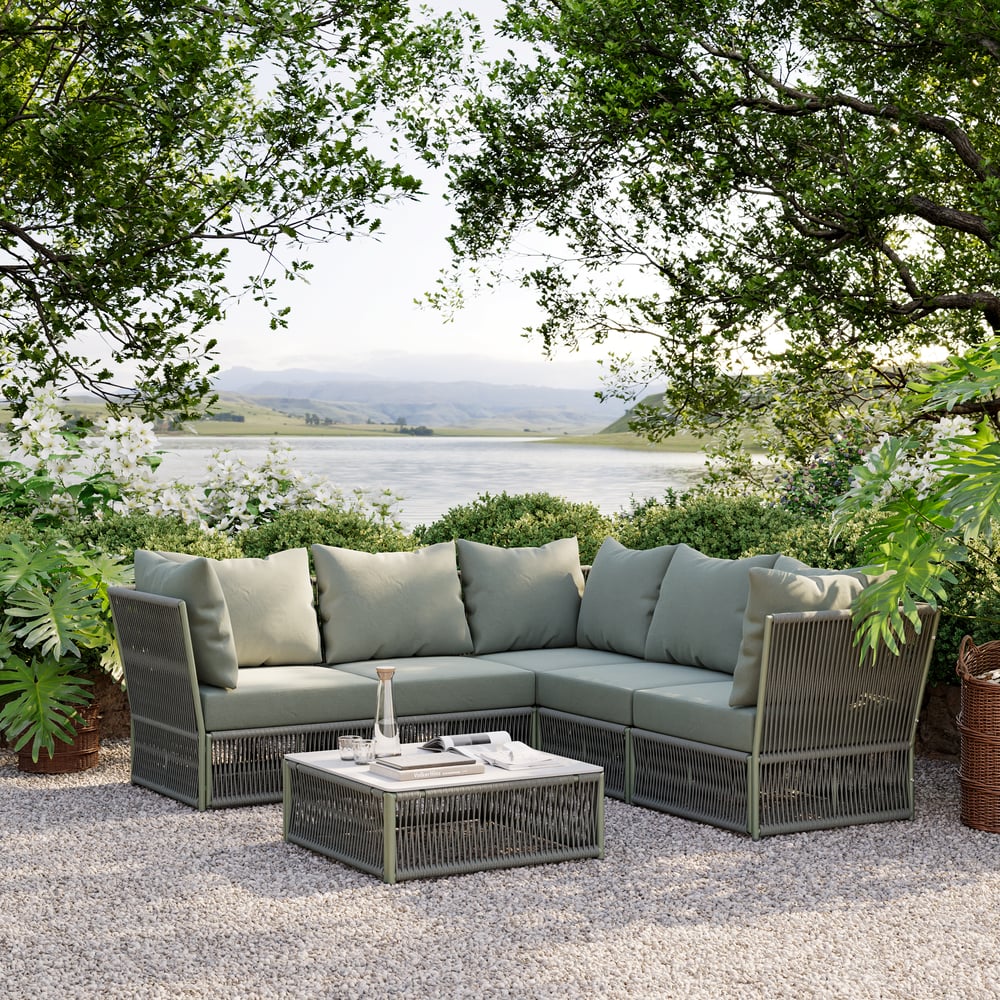 Perguntas e respostas para Conjunto de sofá secional externo em forma de L de corda tecida de 6 peças em verde