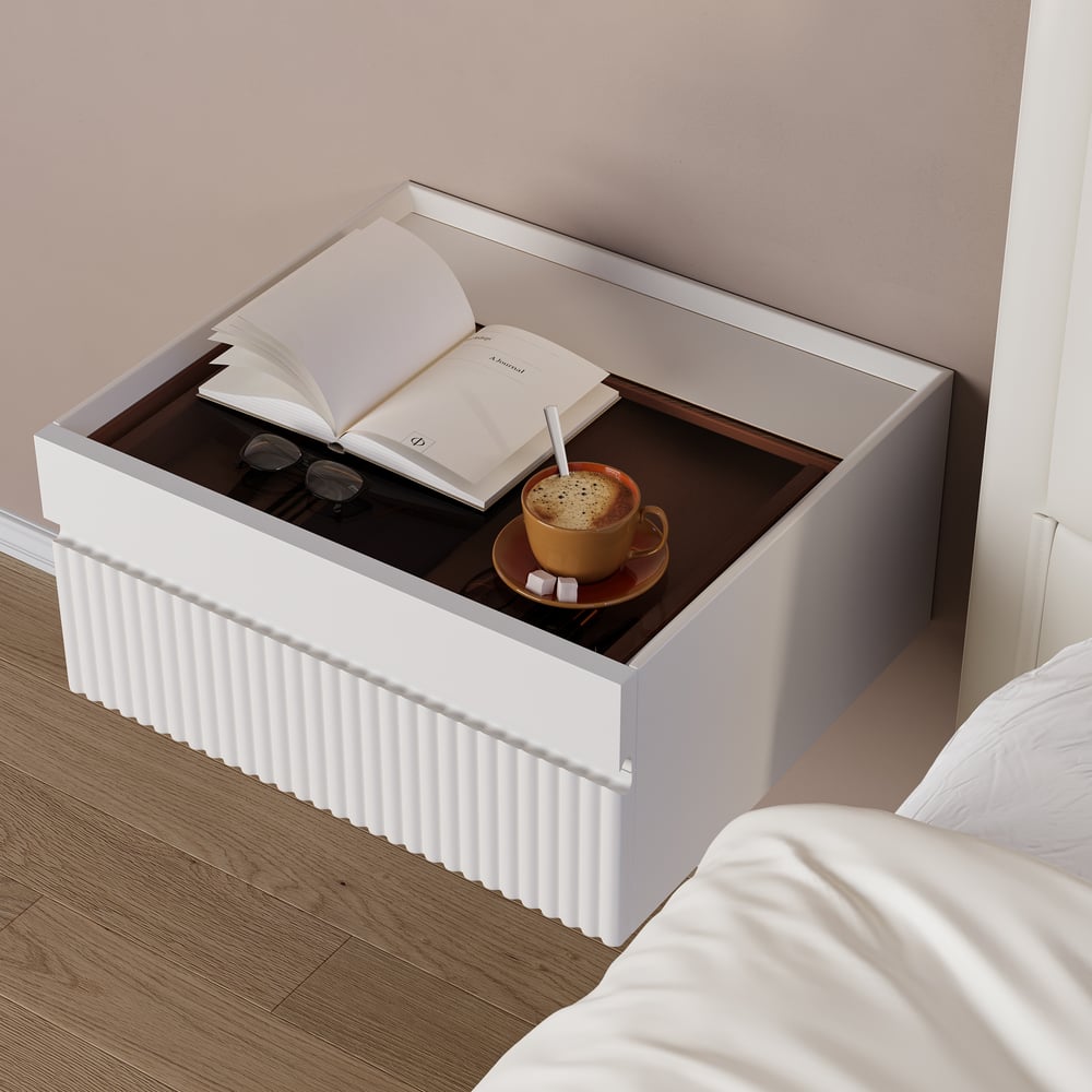 Avis Clients sur Table de chevet blanche flottante moderne avec plateau en verre et table de chevet pour ranger les bijoux