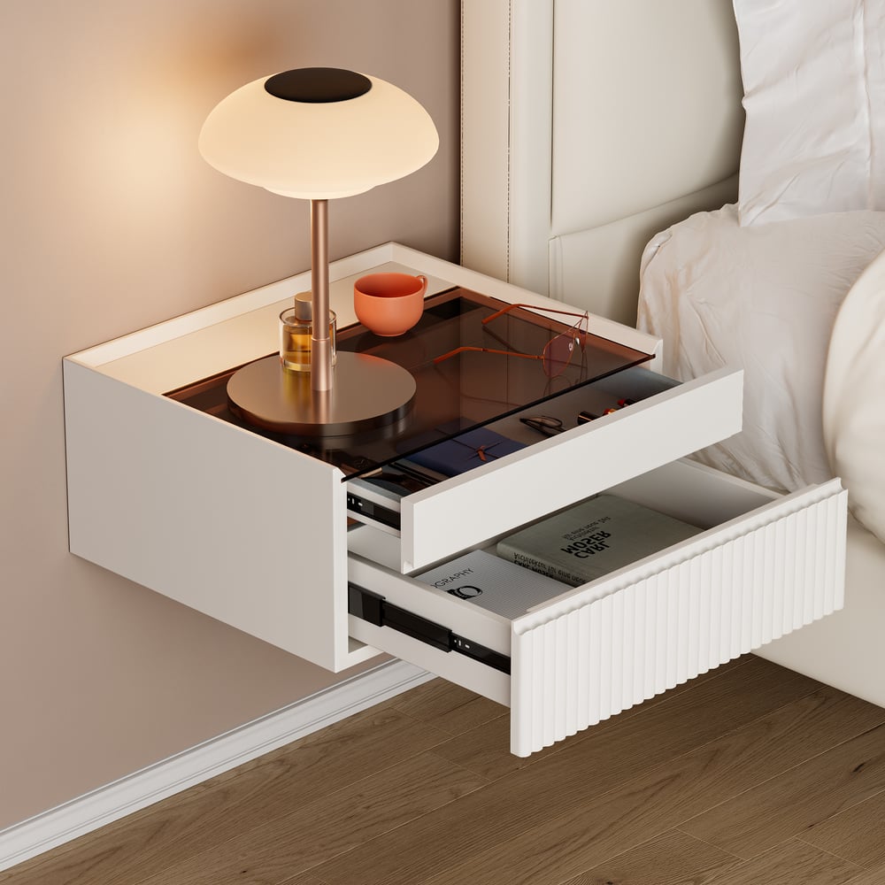 Avis Clients sur Table de chevet blanche flottante moderne avec plateau en verre et table de chevet pour ranger les bijoux