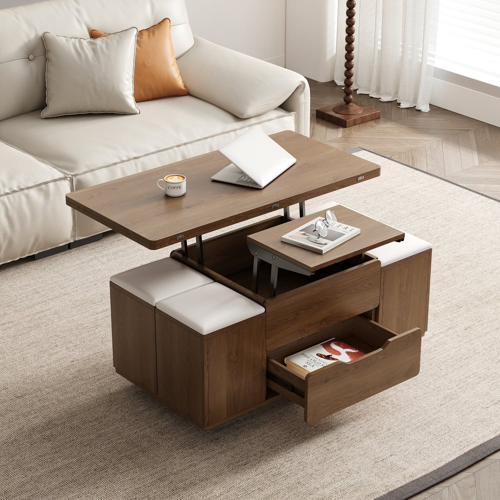 Questions and Answers for 39" Lift-Top Foldable Walnut Coffee Table with 4 Stools & Storage
