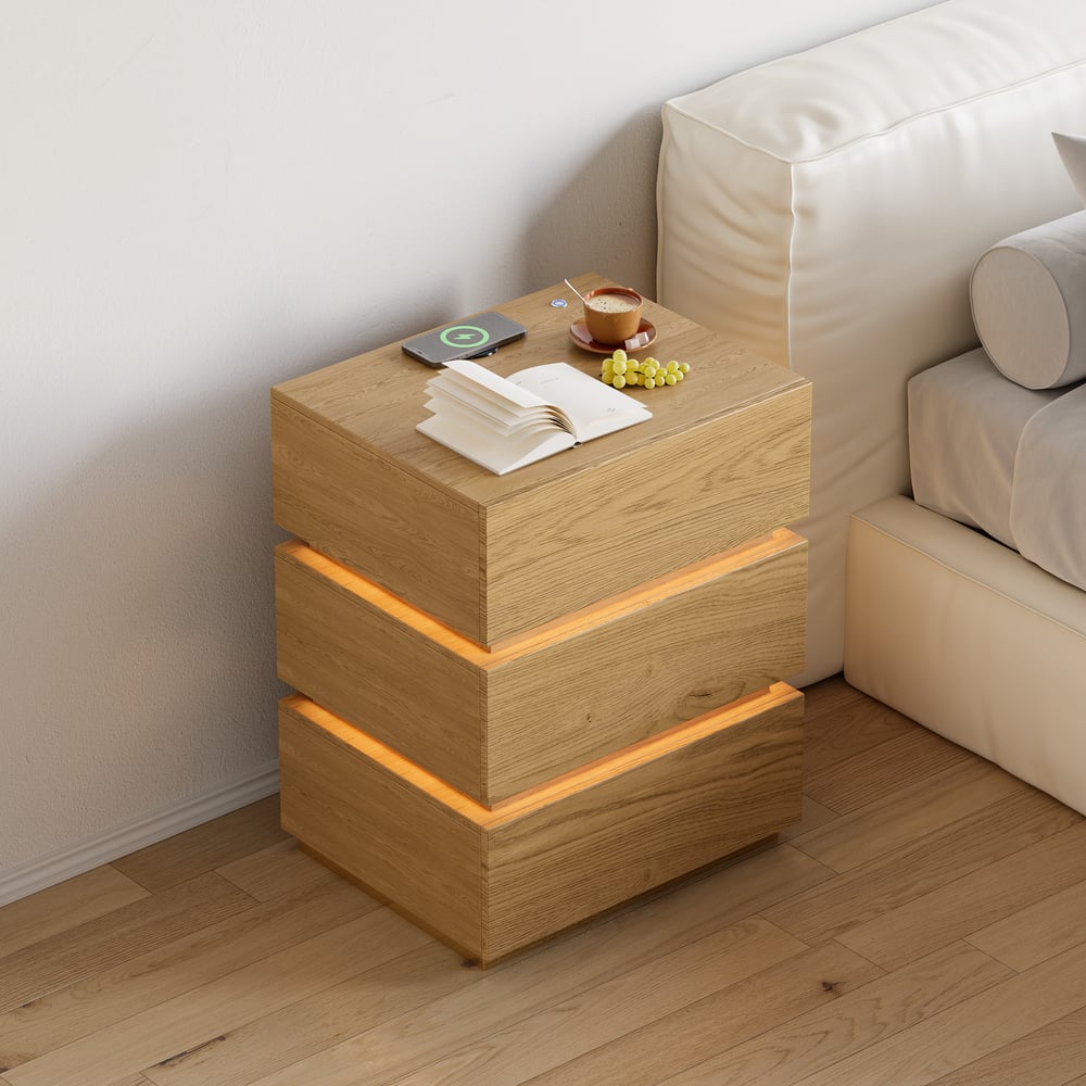 Questions et Réponses pour Table de chevet intelligente à 3 tiroirs Lumio à LED naturelle avec éclairage, lot de 2