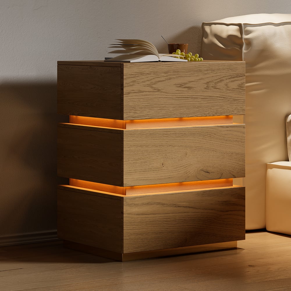 Questions et Réponses pour Table de chevet intelligente à 3 tiroirs Lumio à LED naturelle avec éclairage, lot de 2