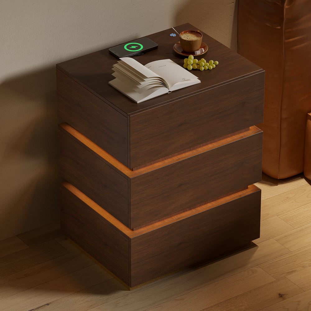 Vragen en antwoorden voor Lumio LED smart wit nachtkastje met 3 laden en verlichting, set van 2