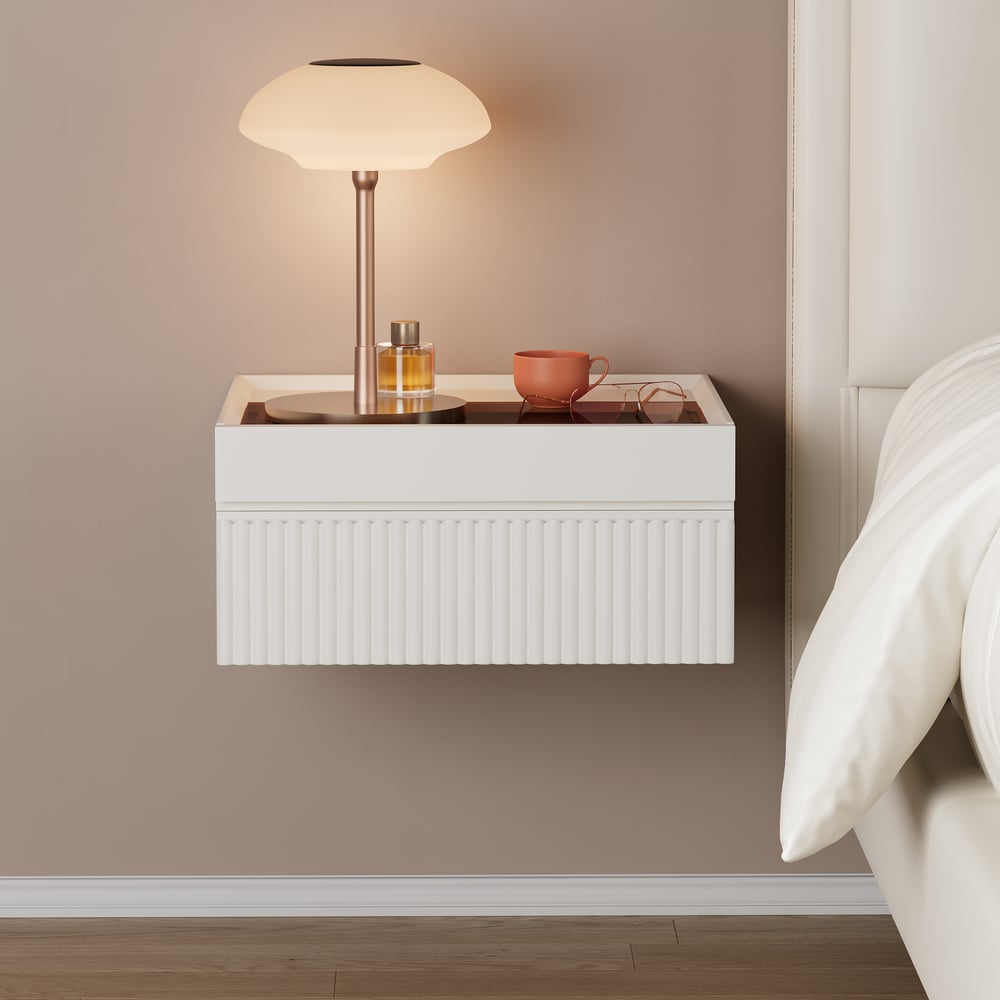 Avis Clients sur Table de chevet blanche flottante moderne avec plateau en verre et table de chevet pour ranger les bijoux