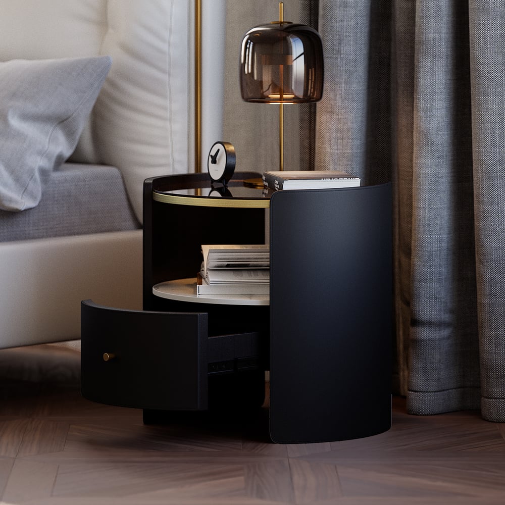 Questions et Réponses pour Table de chevet ronde en cuir et pierre frittée avec dessus en verre, lot de 2