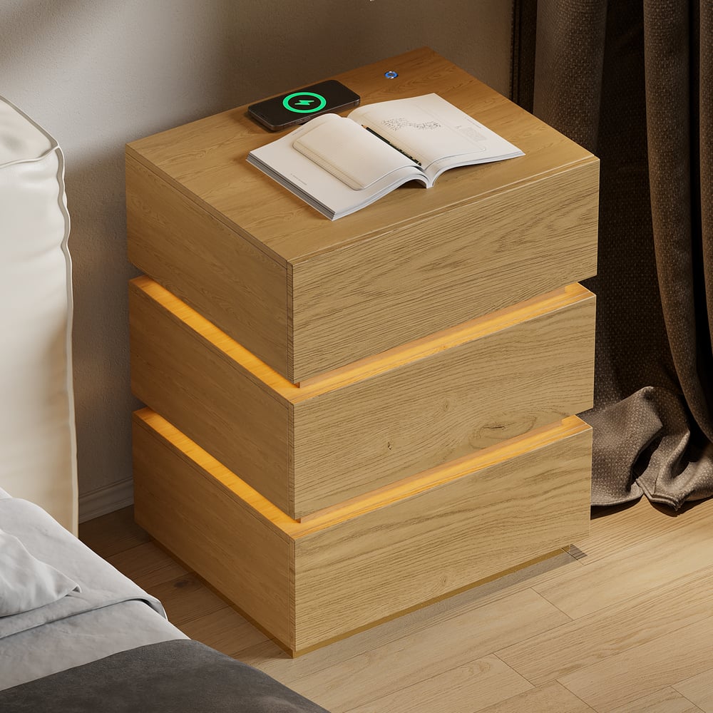 Questions et Réponses pour Table de chevet intelligente à 3 tiroirs Lumio à LED naturelle avec éclairage, lot de 2