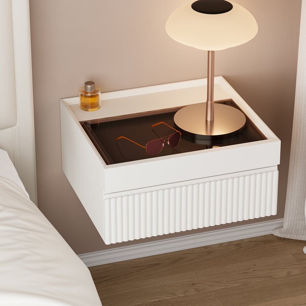 Avis Clients sur Table de chevet blanche flottante moderne avec plateau en verre et table de chevet pour ranger les bijoux