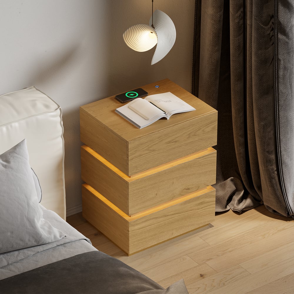 Vragen en antwoorden voor Lumio Smart Natural nachtkastje met 3 laden en verlichting