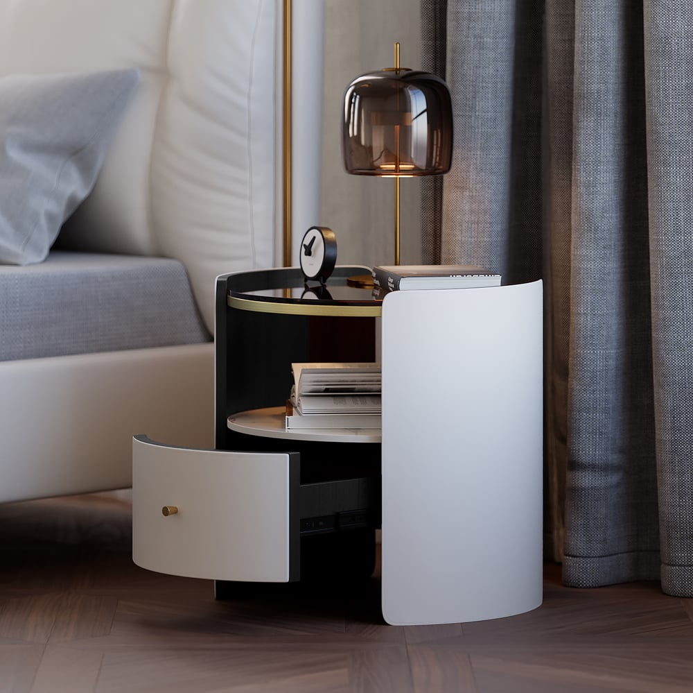 Questions and Answers for Leather & Sintered Stone Round Nightstand with Glass Top