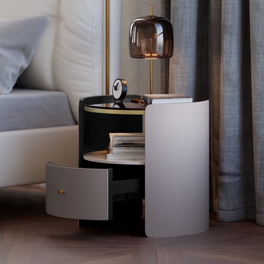 Questions and Answers for Leather & Sintered Stone Round Nightstand with Glass Top