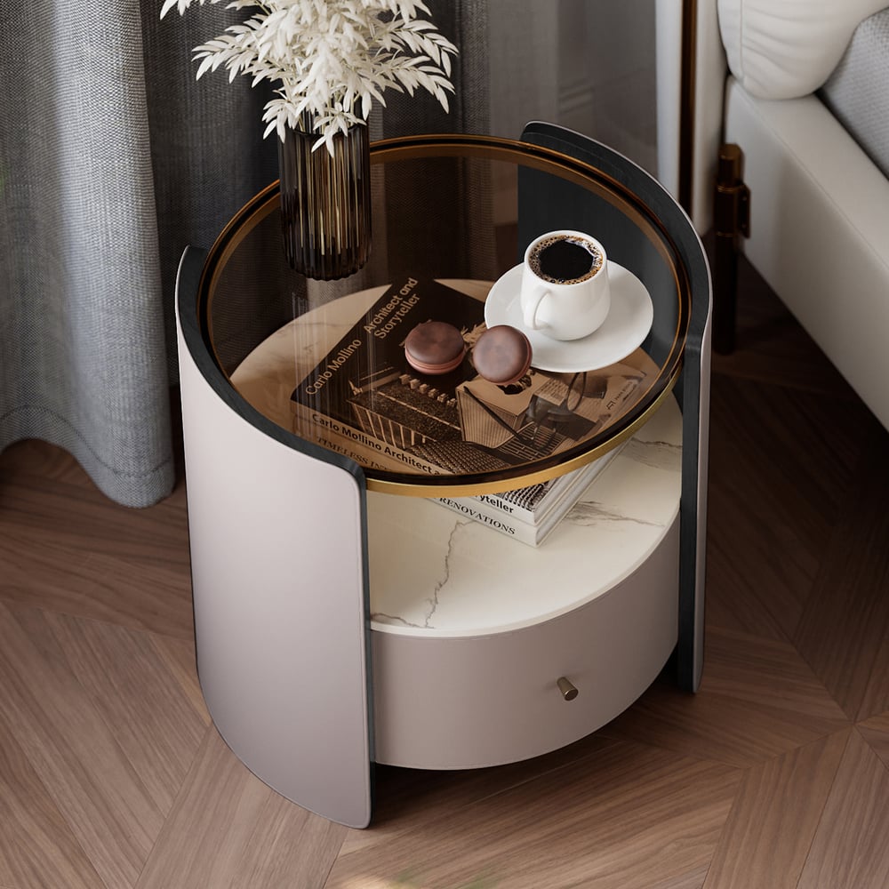 Questions and Answers for Leather & Sintered Stone Round Nightstand with Glass Top