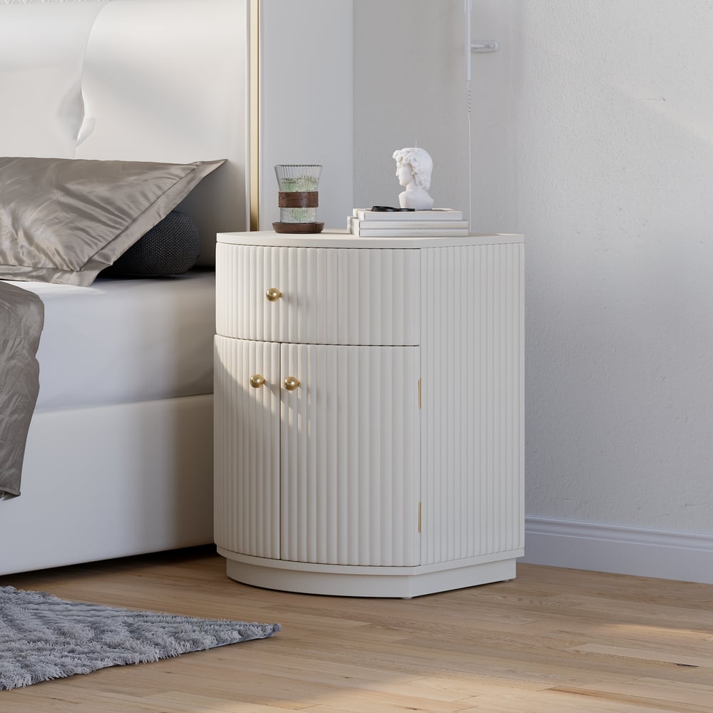 Barrel White Fluted Nightstand & King Size Upholstered Bed Frame with Tufted Headboard Barrel White Fluted Nightstand & King Size Upholstered Bed Frame with Tufted Headboard window image