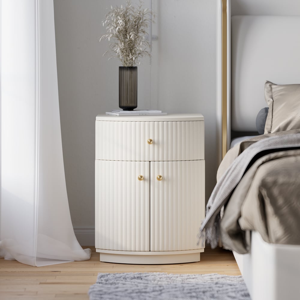 Barrel White Fluted Nightstand & King Size Upholstered Bed Frame with Tufted Headboard Barrel White Fluted Nightstand & King Size Upholstered Bed Frame with Tufted Headboard window image