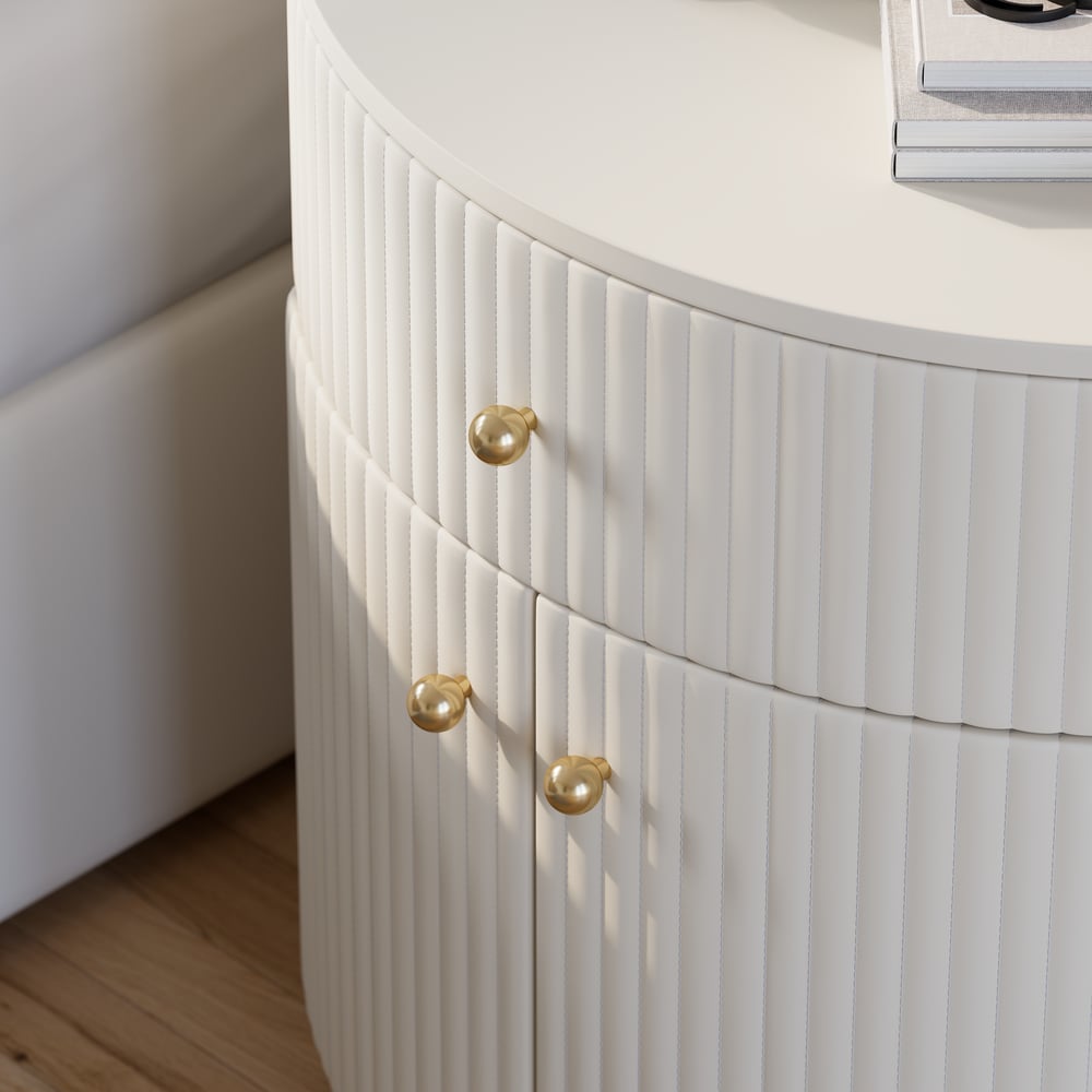 Barrel White Fluted Nightstand & King Size Upholstered Bed Frame with Tufted Headboard Barrel White Fluted Nightstand & King Size Upholstered Bed Frame with Tufted Headboard window image