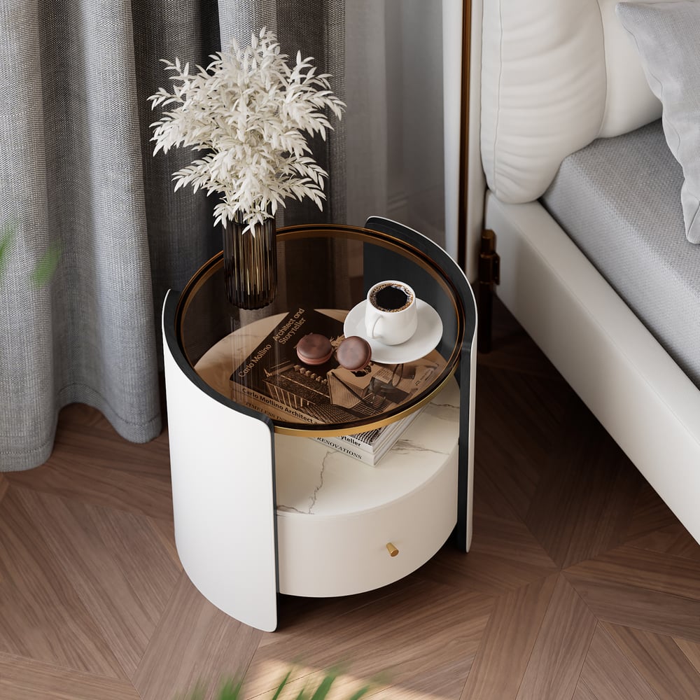Questions and Answers for Leather & Sintered Stone Round Nightstand with Glass Top