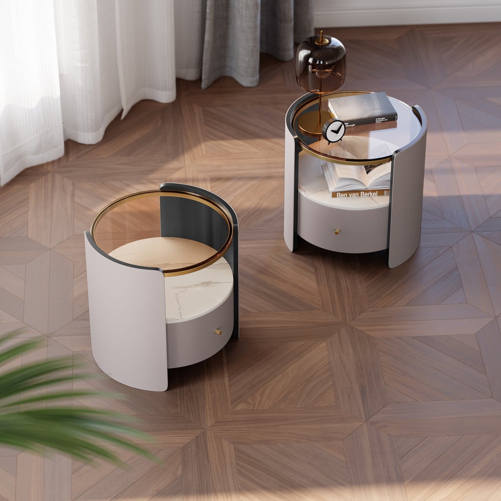 Questions and Answers for Gray Round Leather Bedside Table with Sintered Stone Glass Top, Set of 2
