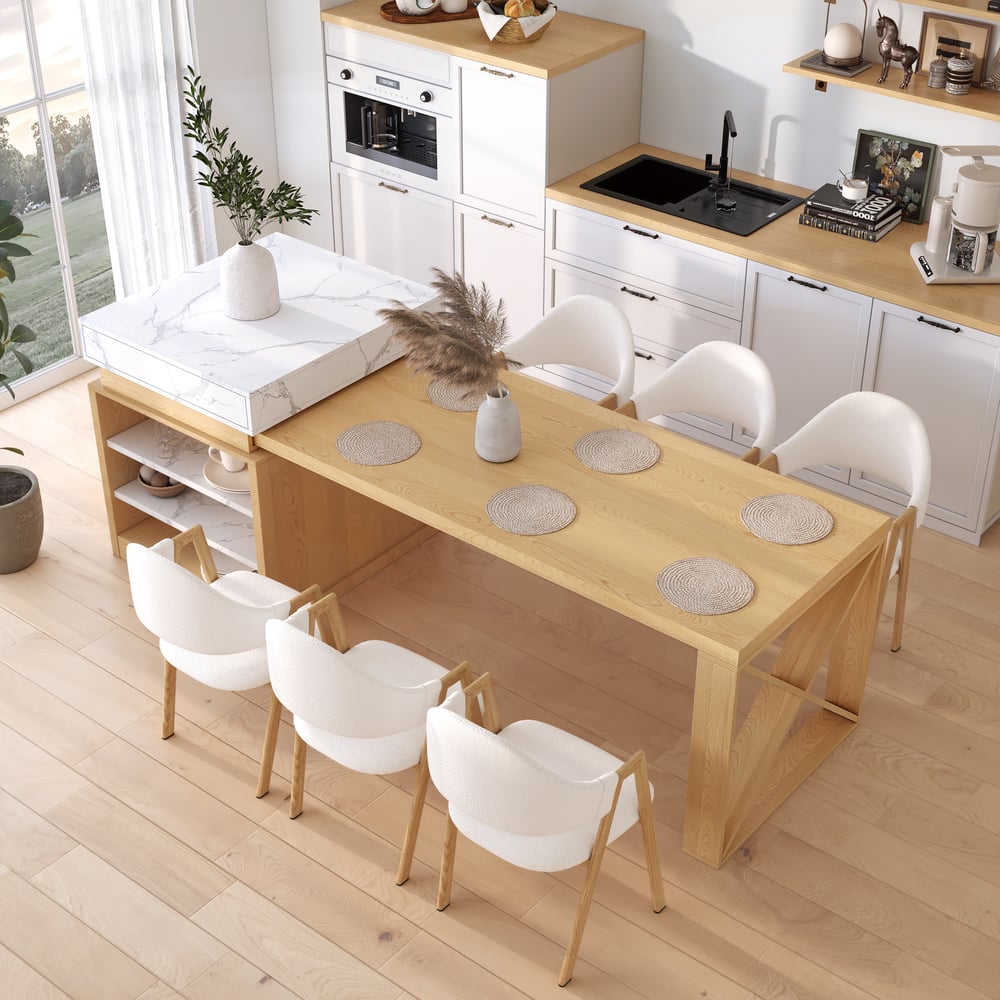 Questions et Réponses pour Îlot central cuisine extensible blanc et bois avec rangement et placard, 185 cm à 235 cm