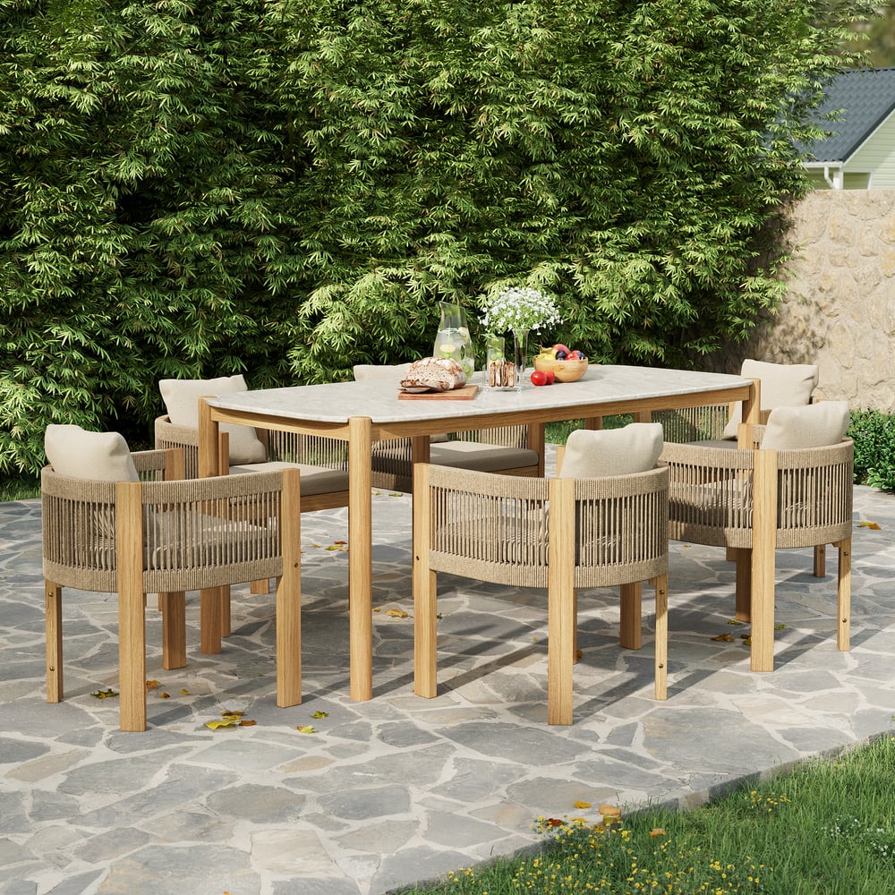 Klantrecensies voor 7-delige eettafel van wit cement en teakhout voor buiten en eetkamerstoelset van rotan