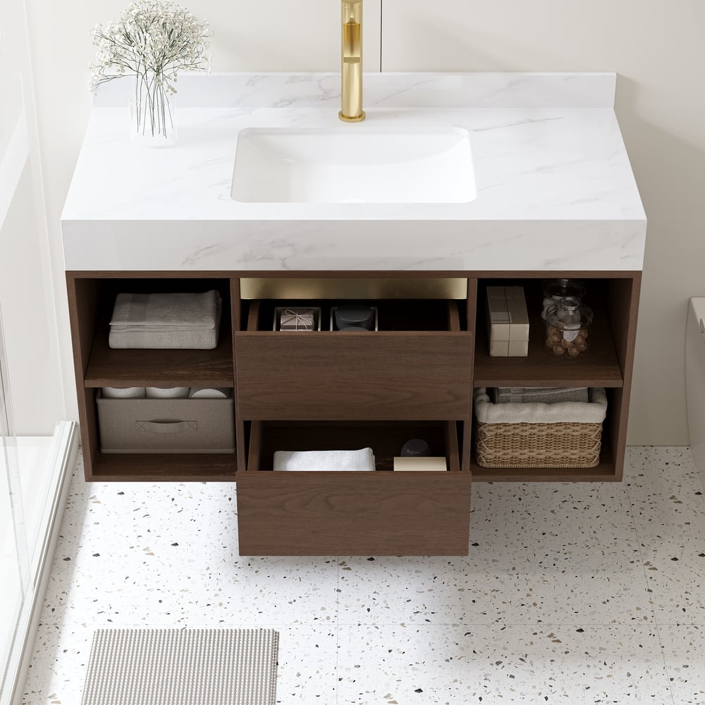 Questions et Réponses pour Vanité de salle de bain flottante de 1000 mm avec lavabo en céramique, 2 tiroirs et étagères ouvertes en noyer