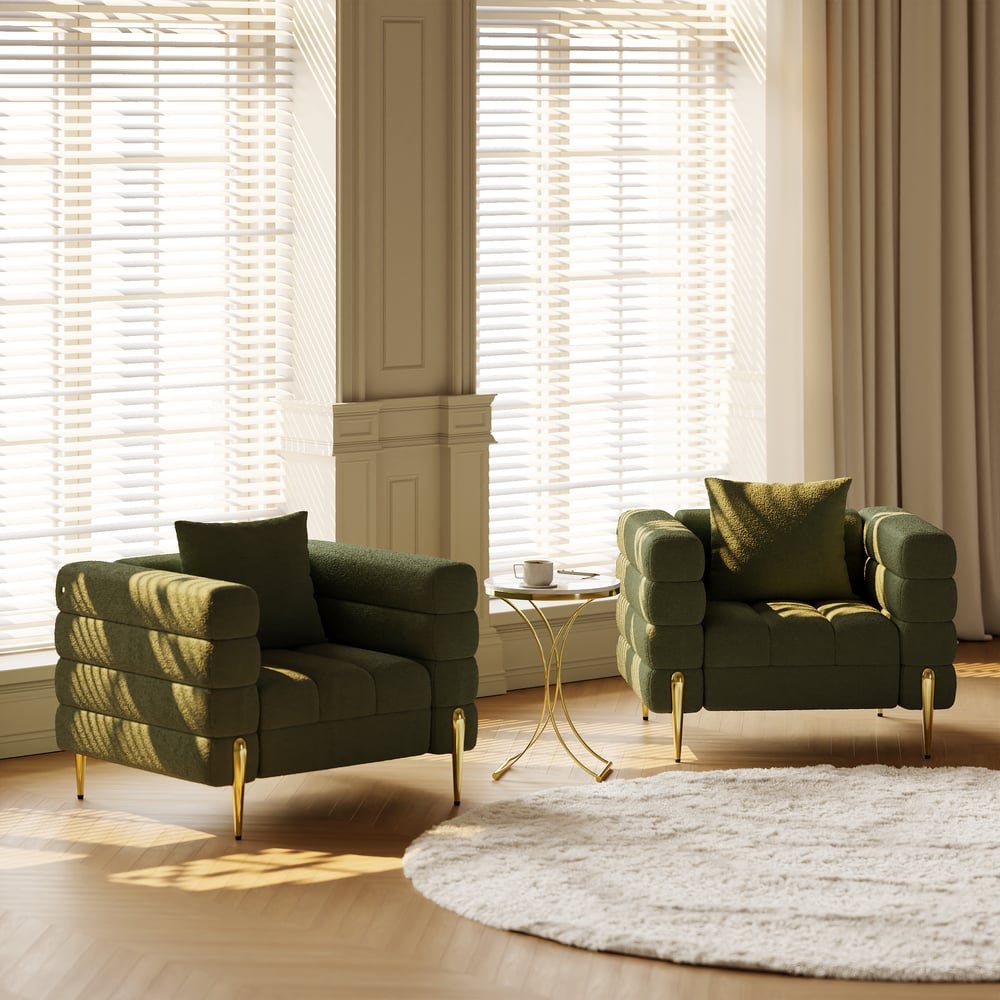 Questions et Réponses pour Fauteuil d'appoint rembourré Aurora Boucle au fini doré, ensemble de 2