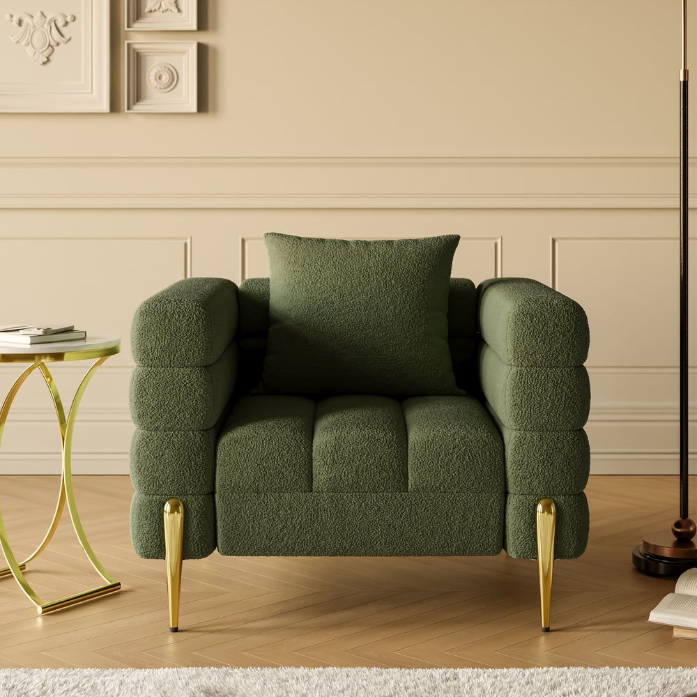 Questions et Réponses pour Fauteuil d'appoint rembourré Aurora Boucle au fini doré, ensemble de 2