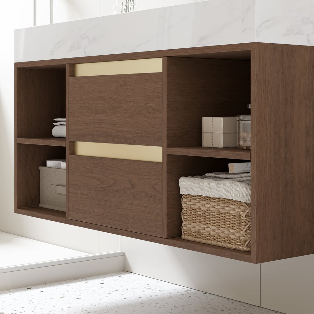 Questions et Réponses pour Vanité de salle de bain flottante de 1000 mm avec lavabo en céramique, 2 tiroirs et étagères ouvertes en noyer