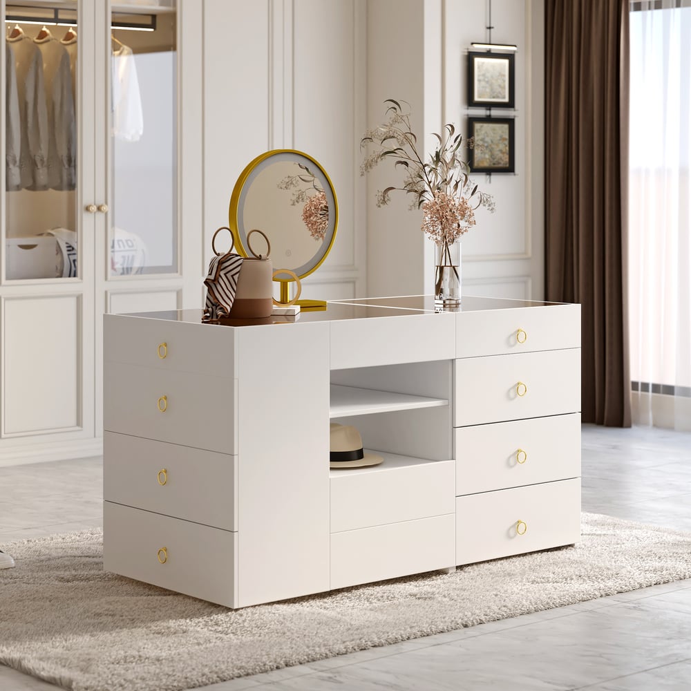 Questions et Réponses pour Commode de courtoisie de 1500 mm avec dessus en verre et îlot avec rangement et tabouret