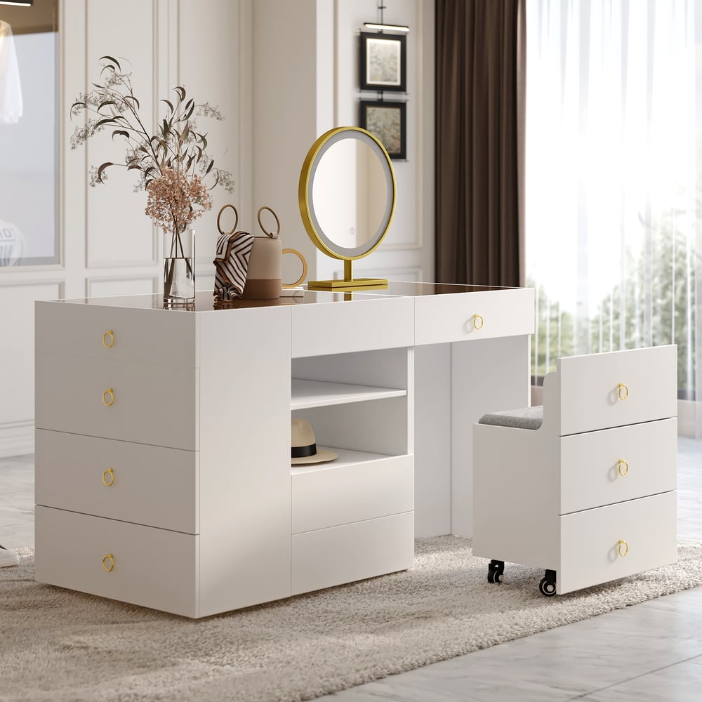 Questions et Réponses pour Commode de courtoisie de 1500 mm avec dessus en verre et îlot avec rangement et tabouret