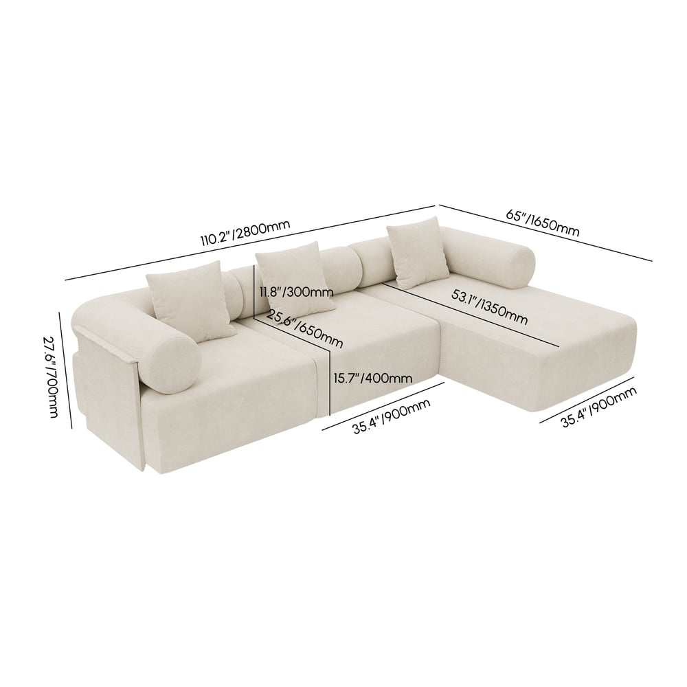 Serene 110" 3-Piece Modular Chenille Velvet L-Shaped Sectional Chaise Sofa weights dimensions image