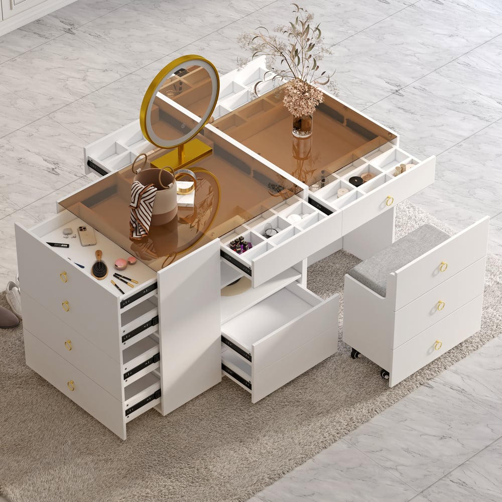 Questions et Réponses pour Commode de courtoisie de 1500 mm avec dessus en verre et îlot avec rangement et tabouret