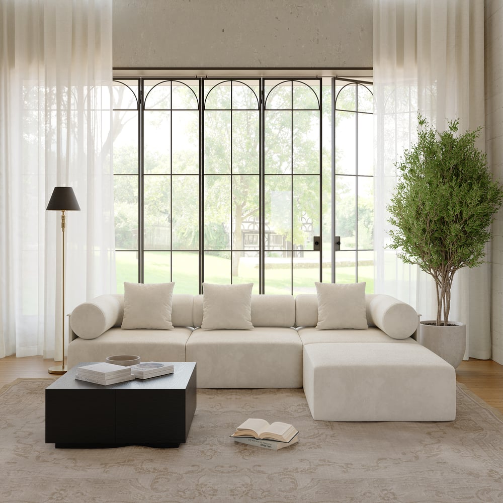 Vragen en antwoorden voor Serene 2800 mm 4-delig modulair chenillefluweel L-vormig sectioneel met voetenbank