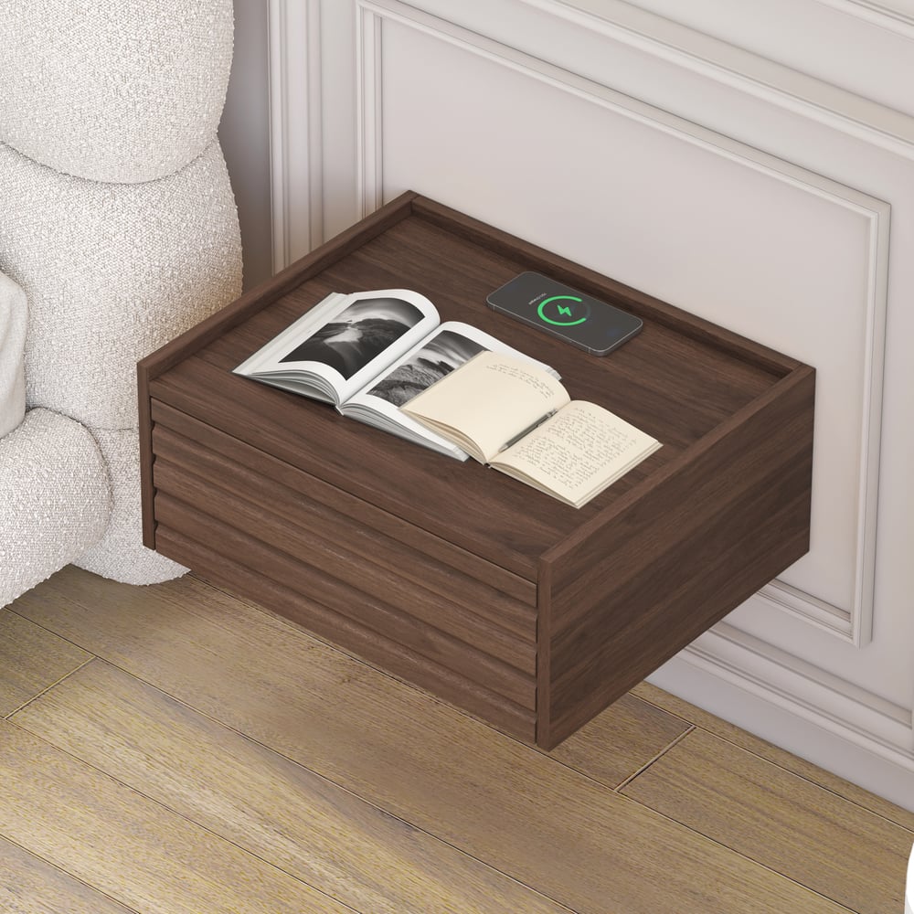 Pytania i odpowiedzi dla Pływający drewniany stolik nocny z oświetleniem i stacją ładującą