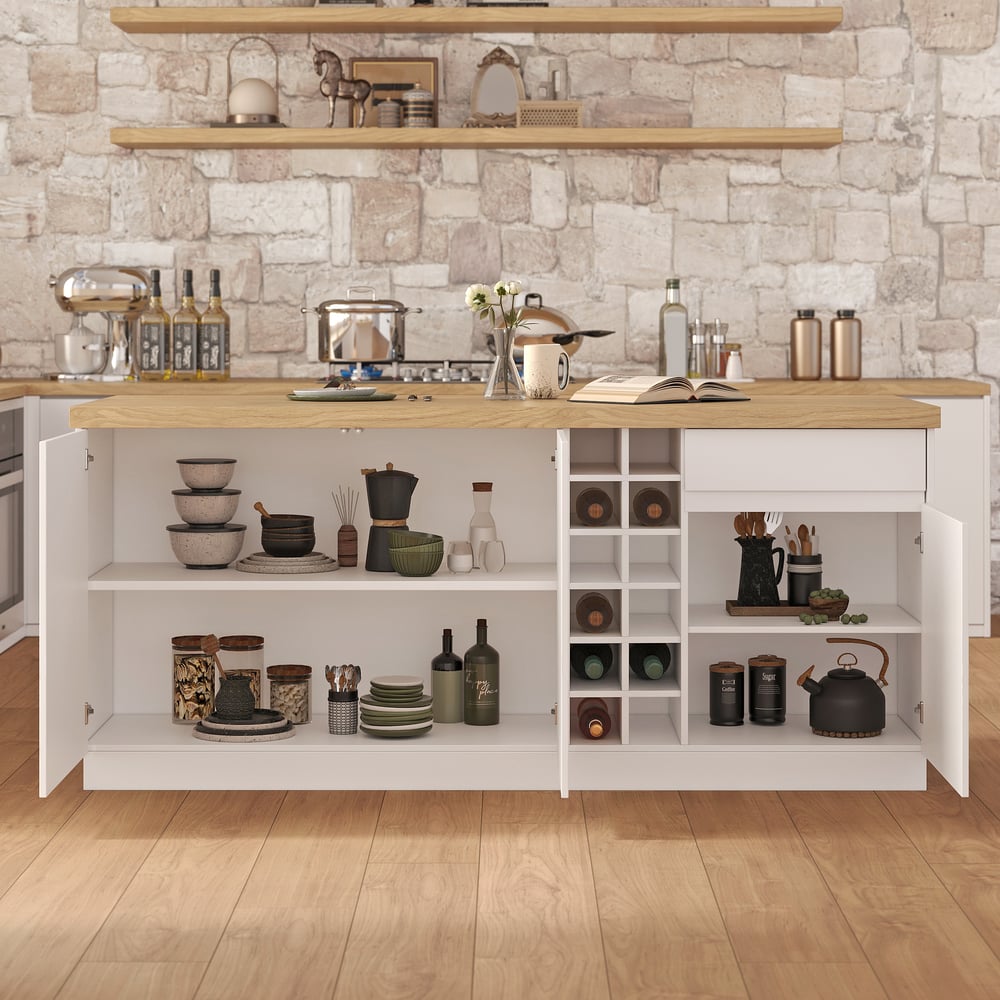 Avis Clients sur Îlot de cuisine de style japonais en bois naturel et blanc 1830 mm avec éclairage