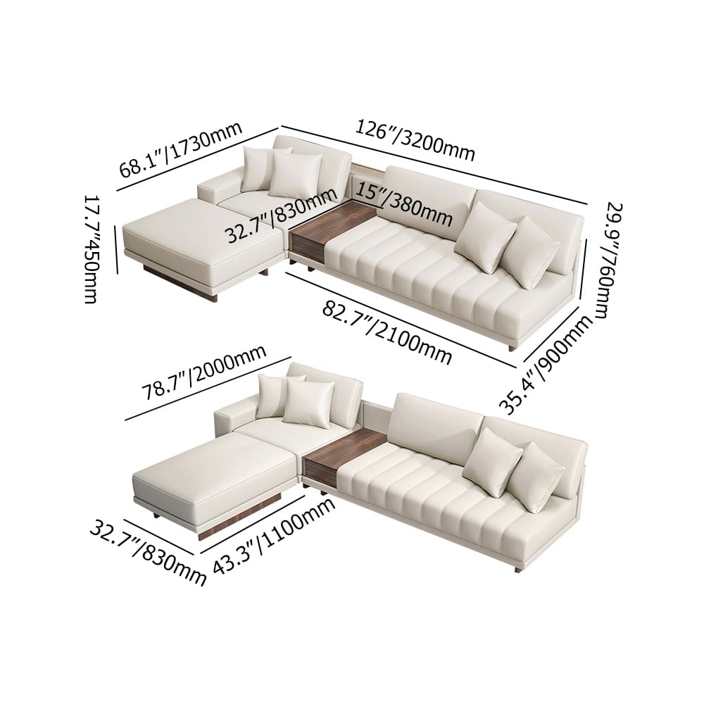 126" L-Shaped Modular Leather Sectional with Chaise & Ottoman weights dimensions image