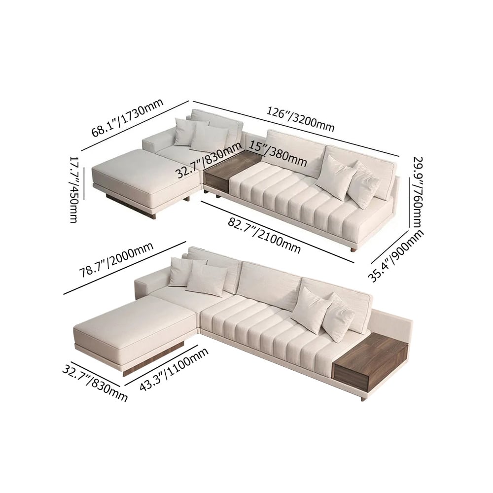 126" L-Shaped Modular Cotton & Linen Sectional with Chaise & Ottoman weights dimensions image