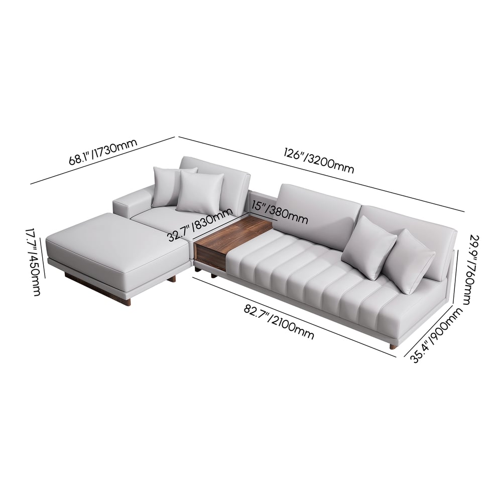 126" L-Shaped Modular Leather Sectional with Chaise & Ottoman weights dimensions image
