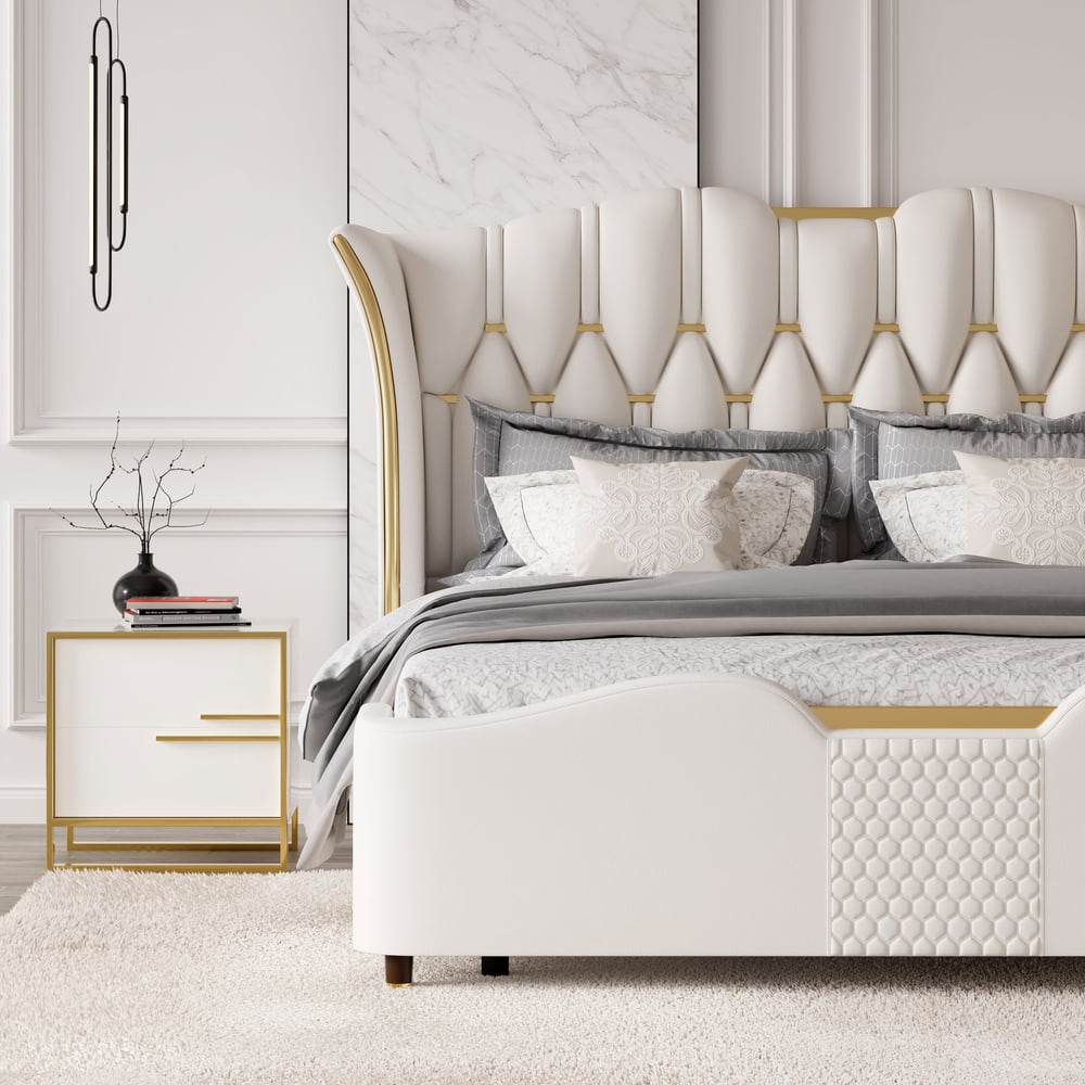 Nightstand 2 Drawers  Gold Base & King Size Upholstered Bed Frame with Tufted Headboard window image