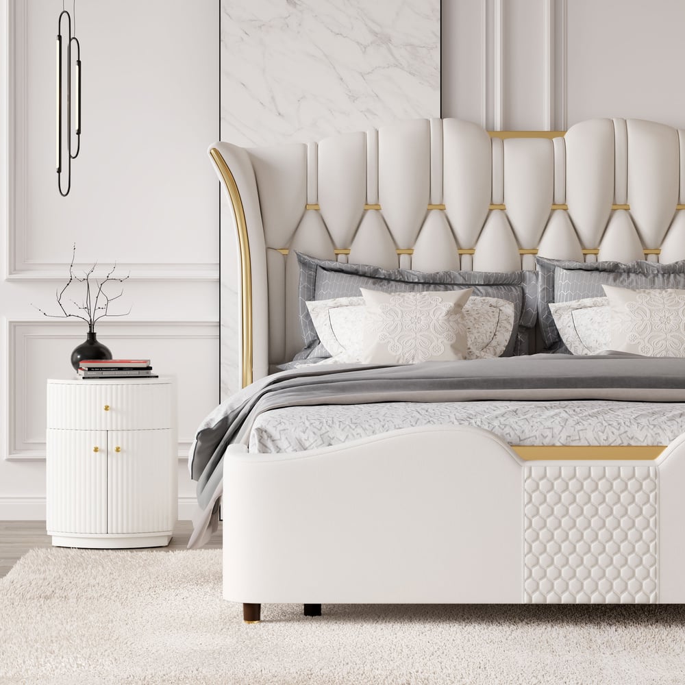 Barrel White Fluted Nightstand & King Size Upholstered Bed Frame with Tufted Headboard Barrel White Fluted Nightstand & King Size Upholstered Bed Frame with Tufted Headboard window image