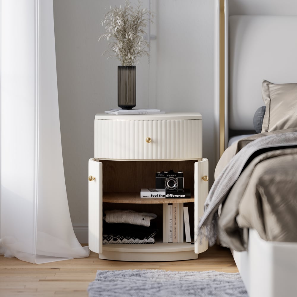 Barrel White Fluted Nightstand & King Size Upholstered Bed Frame with Tufted Headboard Barrel White Fluted Nightstand & King Size Upholstered Bed Frame with Tufted Headboard window image