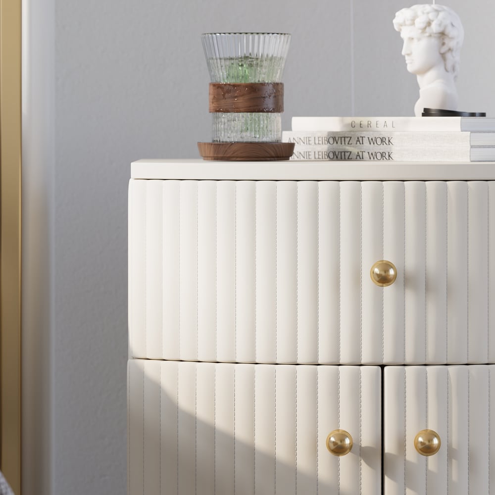 Barrel White Fluted Nightstand & King Size Upholstered Bed Frame with Tufted Headboard Barrel White Fluted Nightstand & King Size Upholstered Bed Frame with Tufted Headboard window image