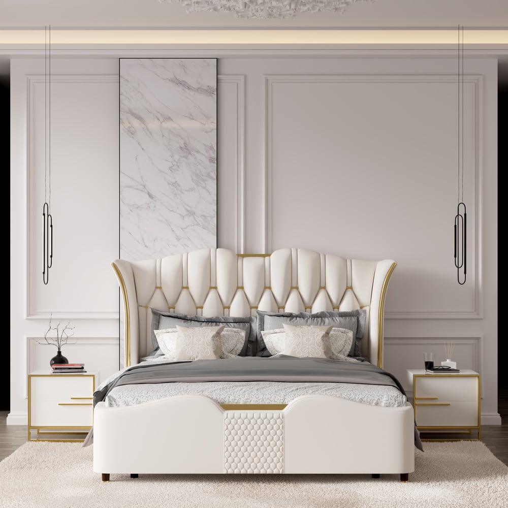 Nightstand 2 Drawers  Gold Base & King Size Upholstered Bed Frame with Tufted Headboard window image