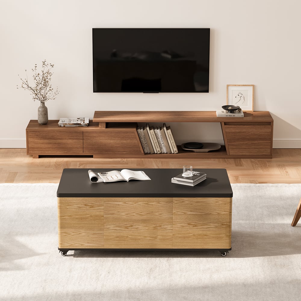 Pytania i odpowiedzi dla Nowoczesny stolik kawowy o regulowanej wysokości z pokrywką na zawiasach i 3 szufladami z orzecha włoskiego