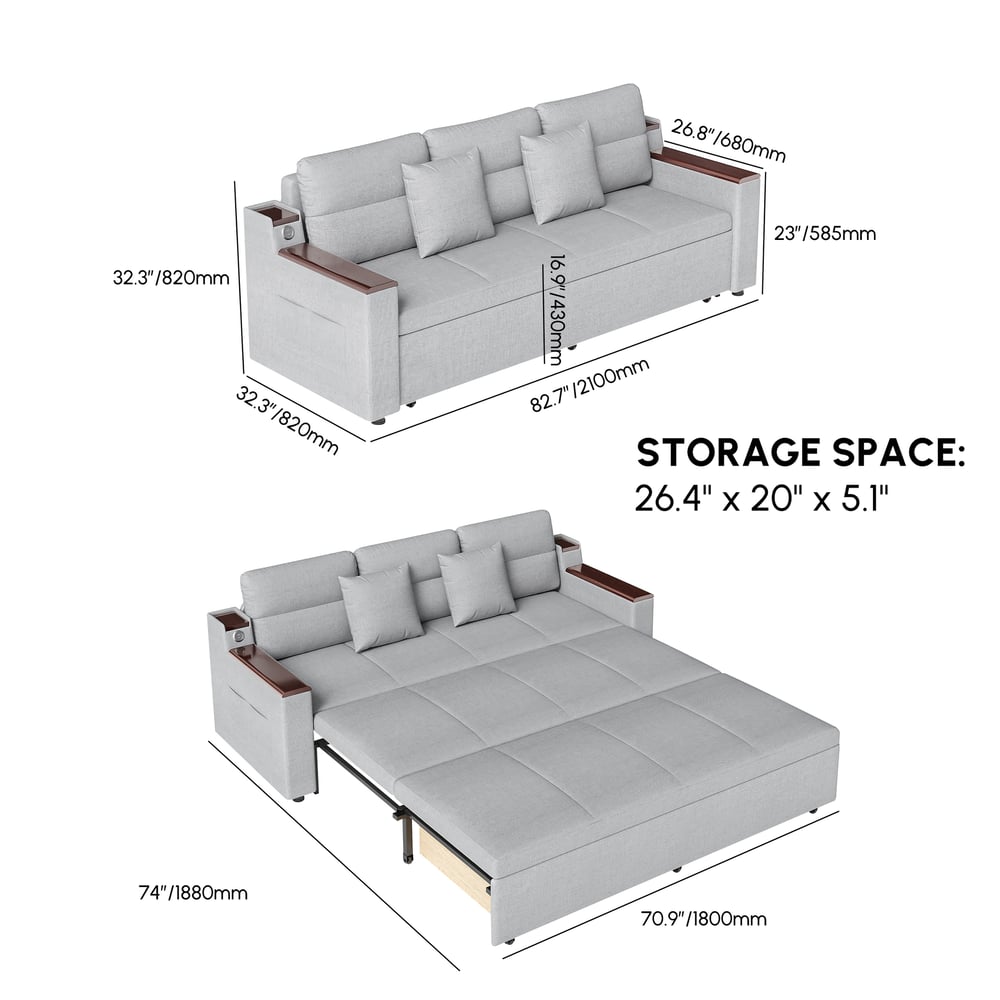 83" Linen Sleeper Sofa 3-Seater with USB Port weights dimensions image