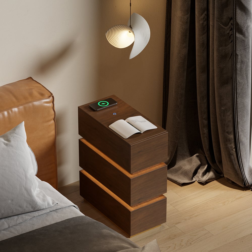 Avis Clients sur Table de chevet intelligente Lumio à 3 tiroirs en noyer à 3 tiroirs avec éclairage