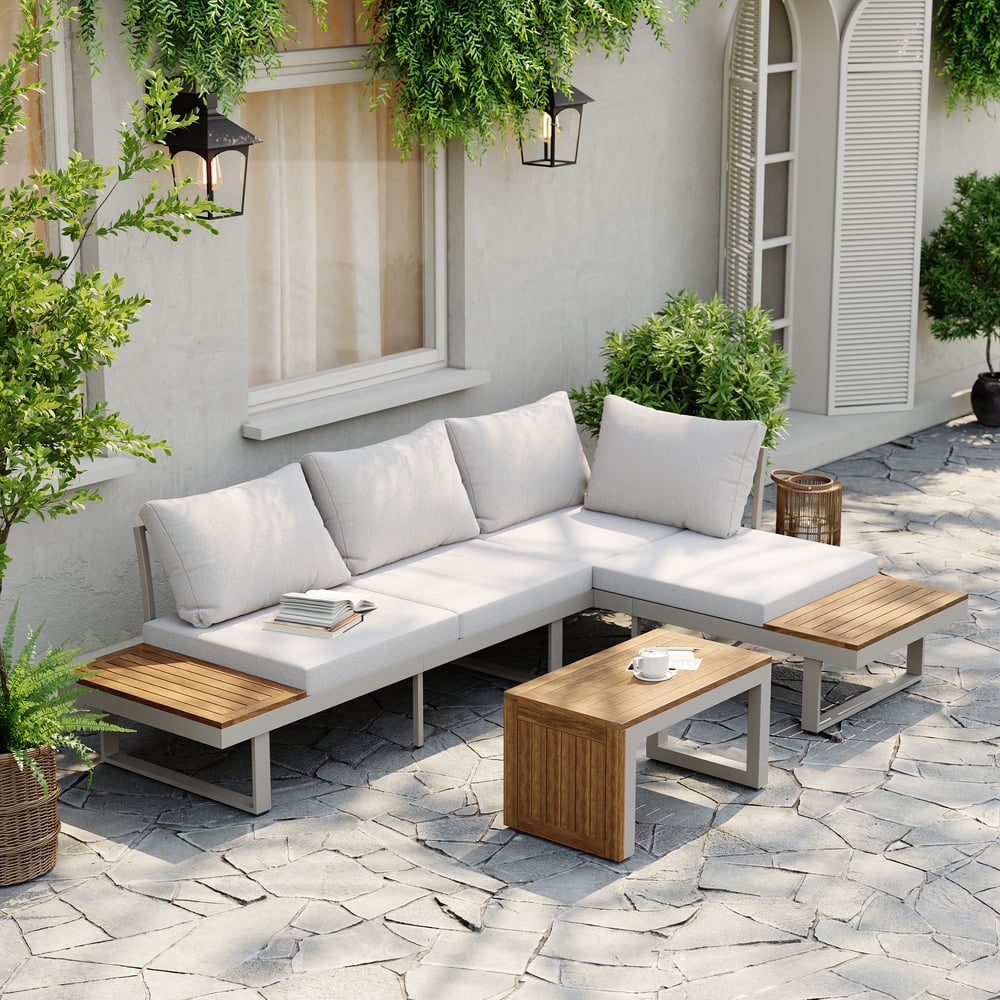 Questions and Answers for 4 Seater Outdoor Acacia Sectional Sofa Set with Cushion and Side Table