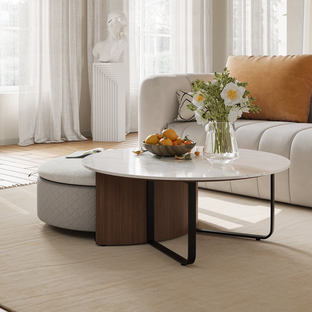 Perguntas e respostas para Conjunto de mesa de café com tampo de pedra sinterizada com armazenamento otomano (30"-35")